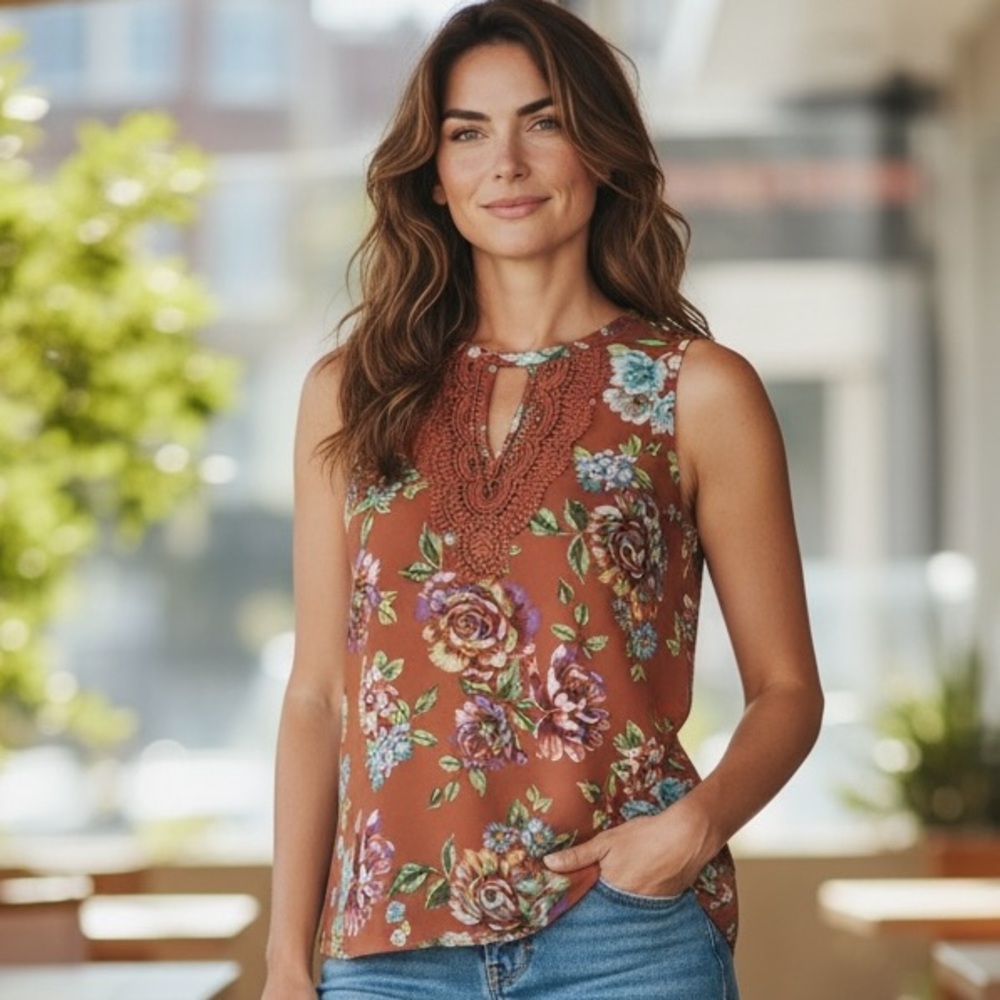 NWT Daniel Rainn Womens Quin Keyhole Crochet‎ Floral, Petite Small, Burnt Orange